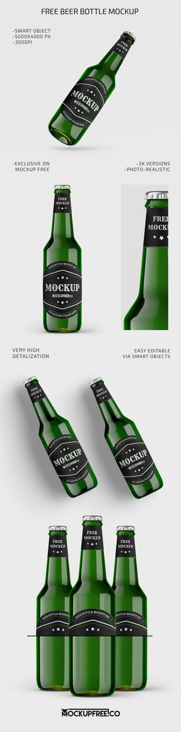 Three Green Beer Bottle with Neck Label Mockups FREE PSD