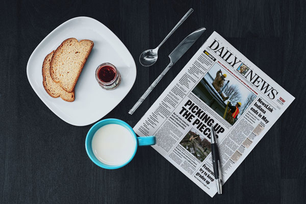 Top View Newspaper Mockup in Breakfast Scene FREE PSD