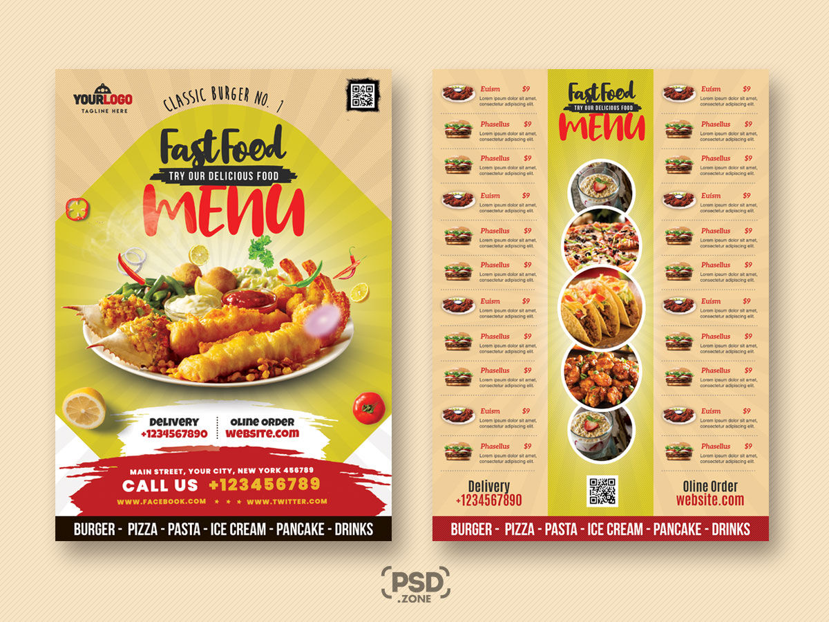 Two A4 Size Food Menu Grid and Regular Flyer Templates FREE PSD