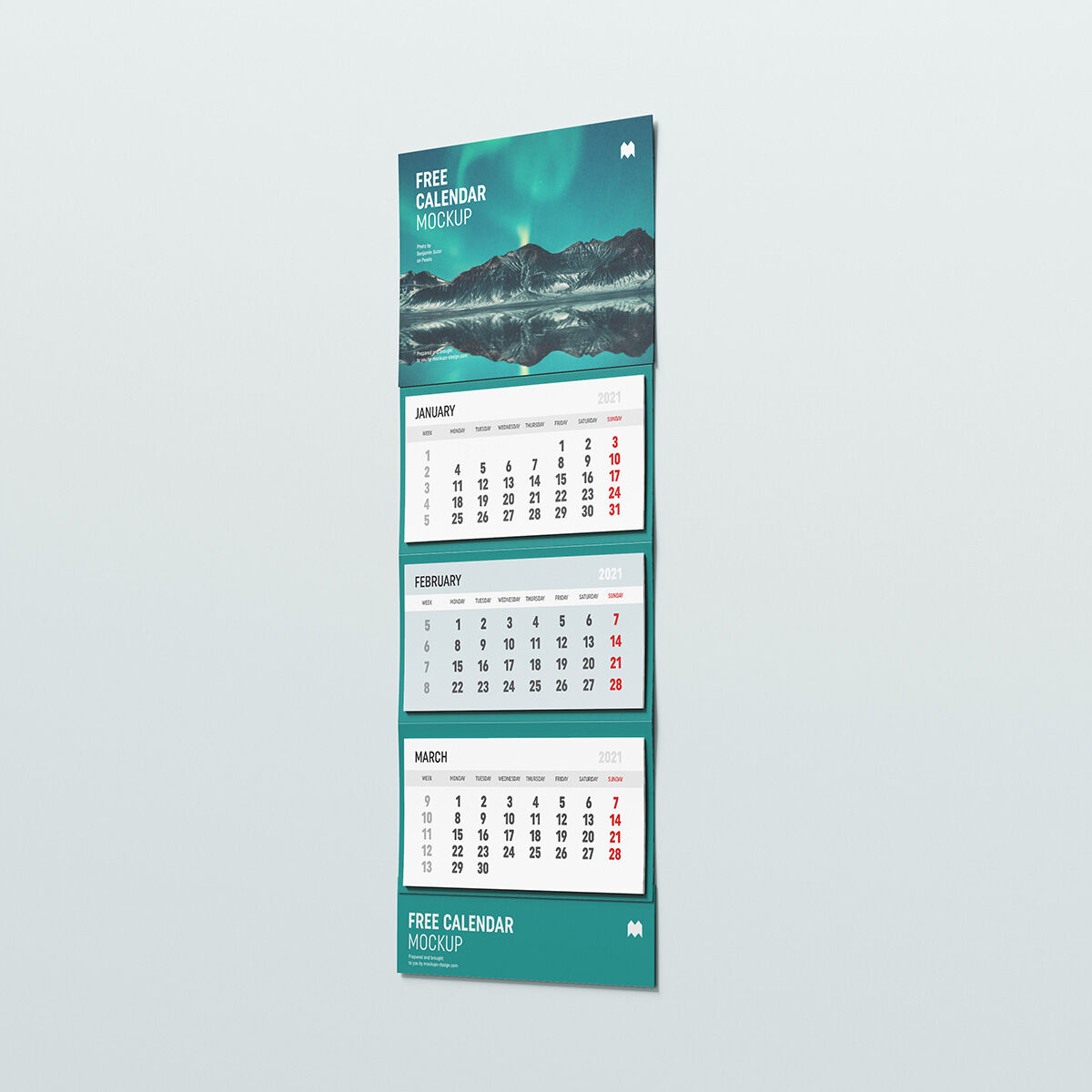 Two Perspective and Front View Mockups of 3-Panel Wall Calendar FREE PSD