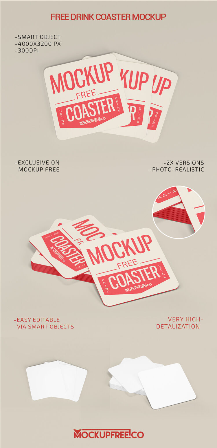 Two Square Paper Drink Coaster Mockups FREE PSD