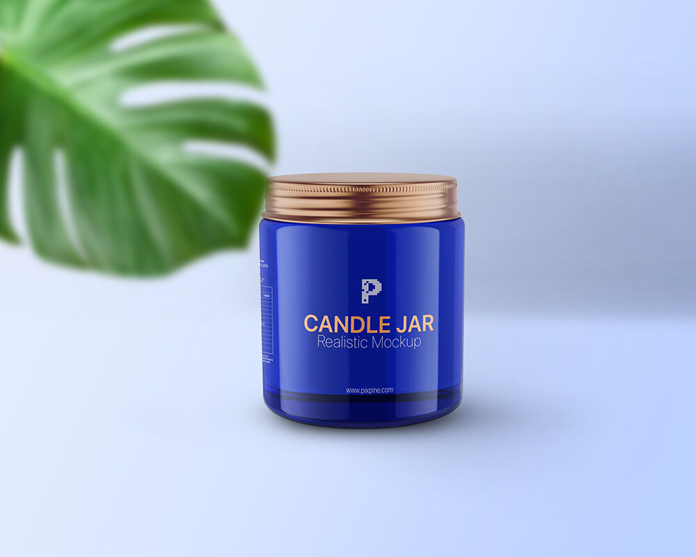 Vertical Candle Jar and Lid Mockup with a Large Leaf FREE PSD