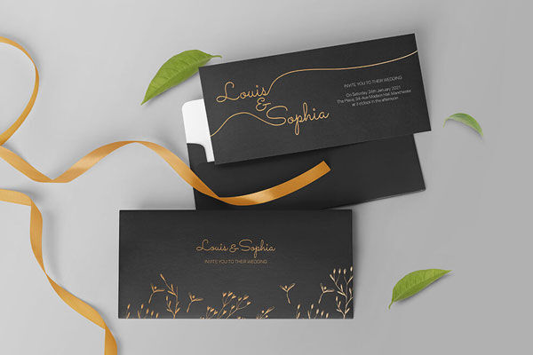 Wedding Invitation Card and Envelope Mockup with Ribbon and Leaves FREE PSD