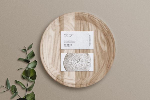 2 Business Cards on Wooden Tray Mockup with Leaves FREE PSD