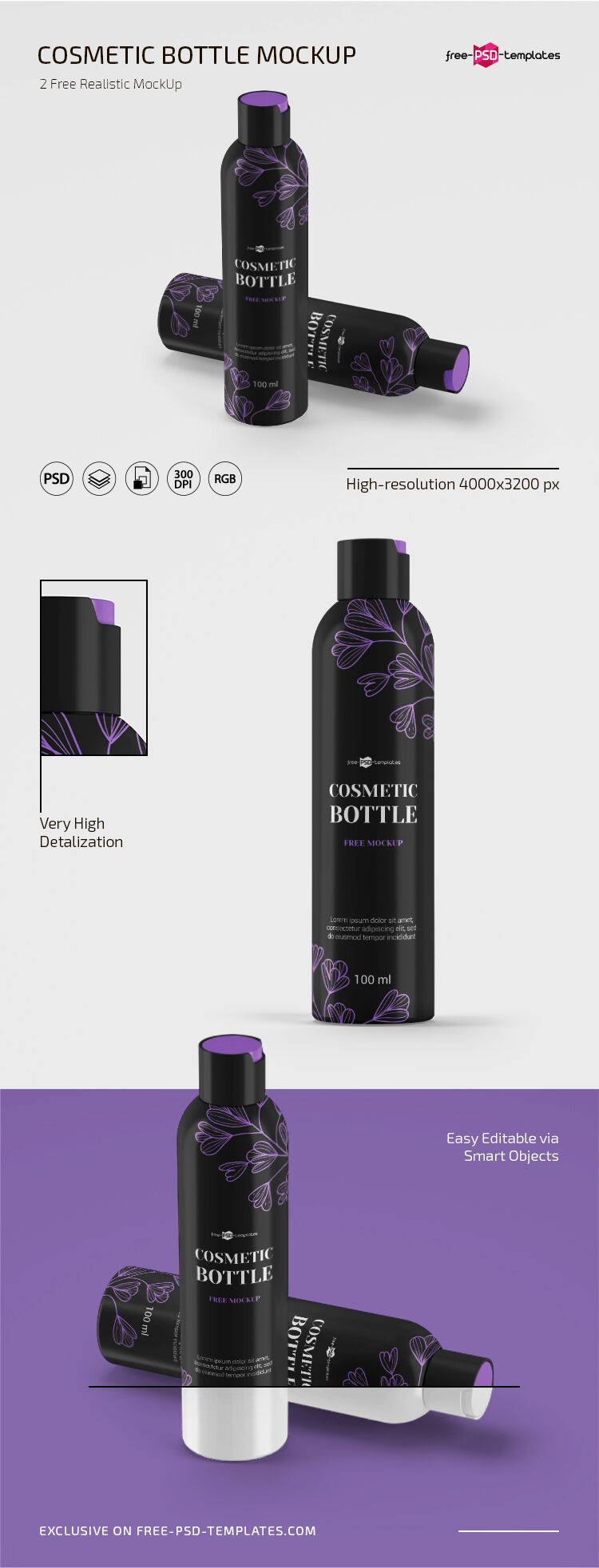 2 Cosmetic Bottle Mockups in Different Shots FREE PSD