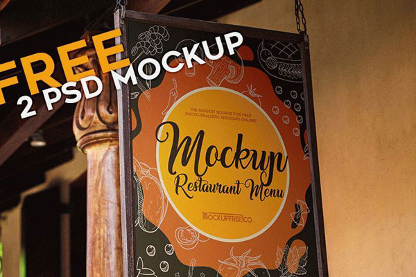 2 Mockups Featuring Restaurant Menu on Wall and Hanging Signboard FREE PSD