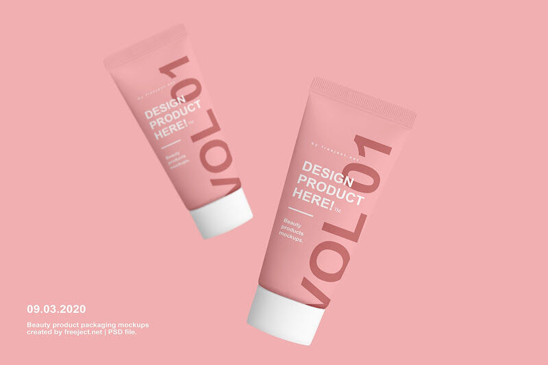 2 Mockups of Cosmetic Tubes Standing on Floor and Floating FREE PSD