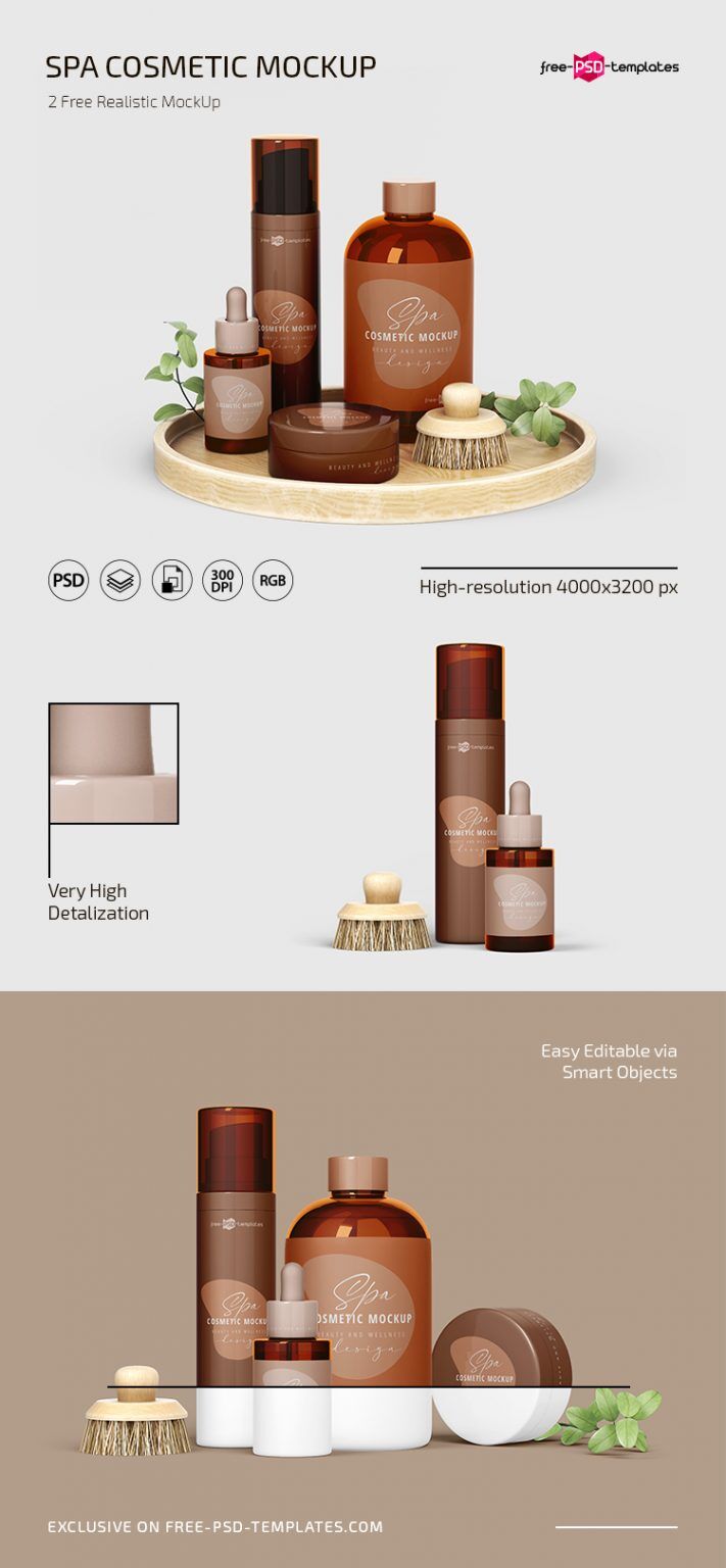 2 Mockups of SPA Cosmetics with Leaves in Different Arrangements FREE PSD