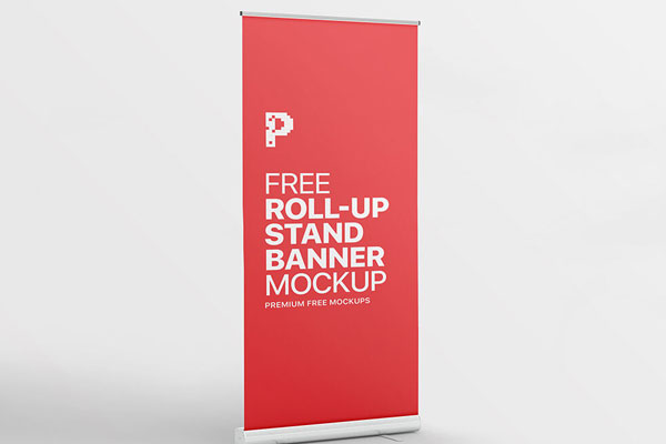 3/4 View of a Standing Roll-Up Banner Mockup FREE PSD