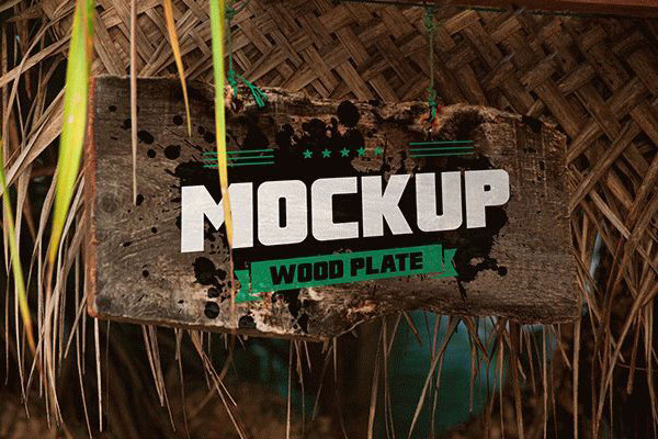 3/4 View Rusty Hanging Wooden Sign Mockup FREE PSD