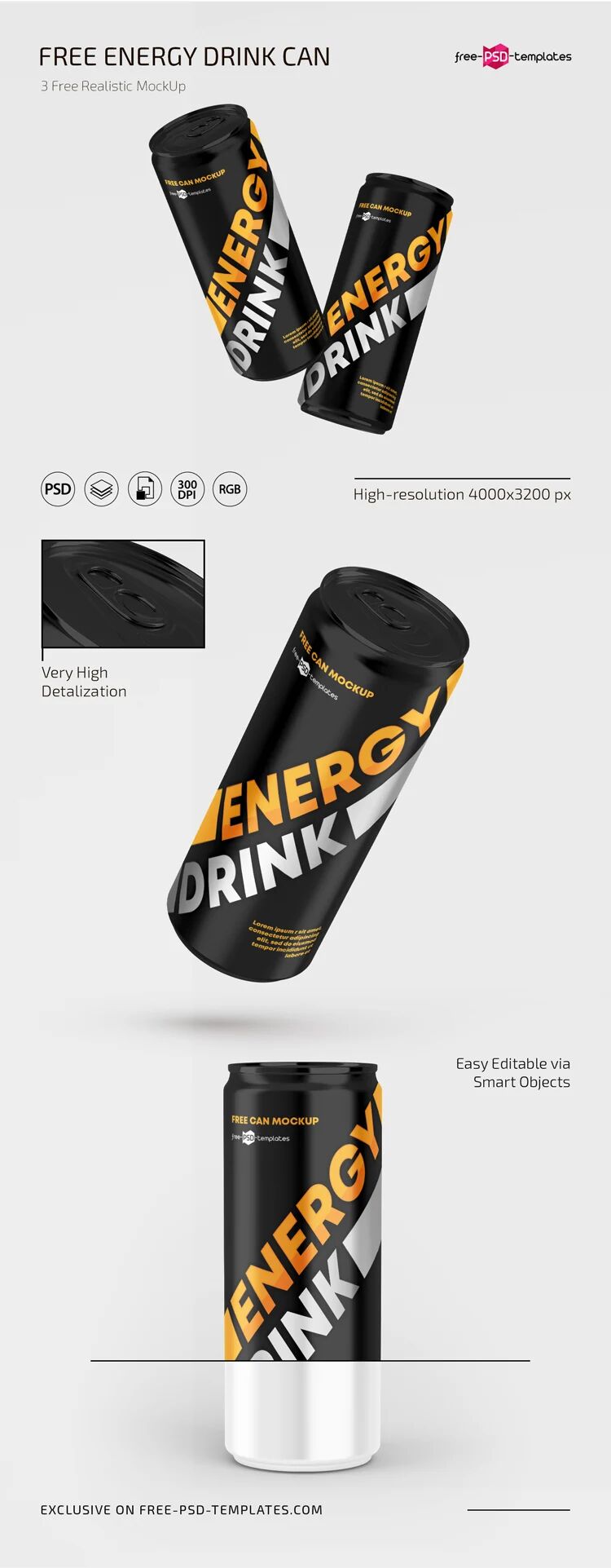 3 Mockups Featuring Energy Drink Cans in Different Views FREE PSD