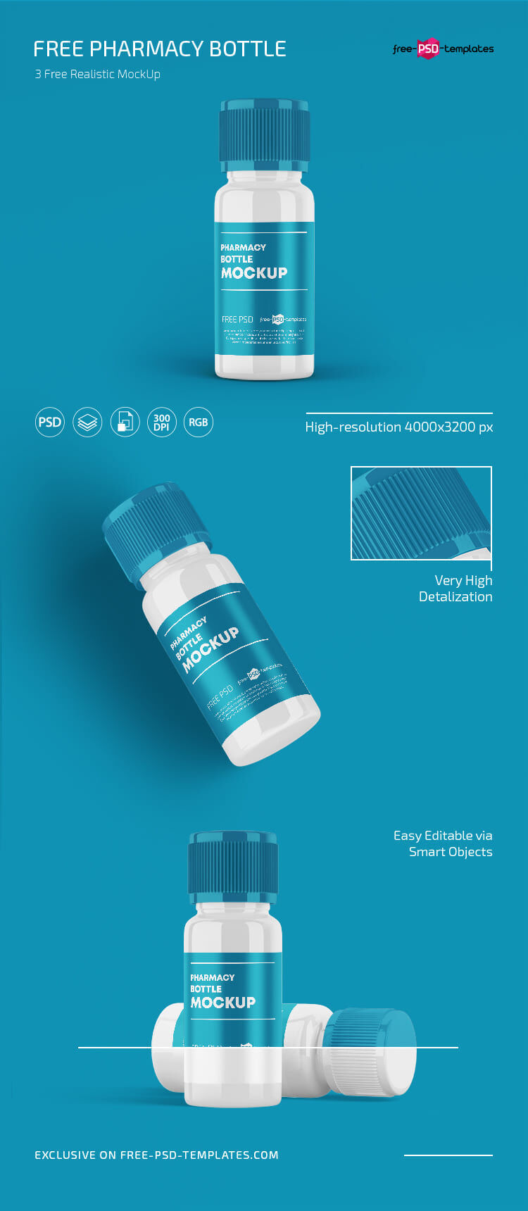 3 Mockups Featuring Pharmacy Bottles in Different Views FREE PSD