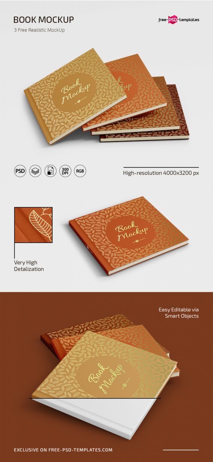 3 Perspective View Mockups of Hardcover Square Books FREE PSD
