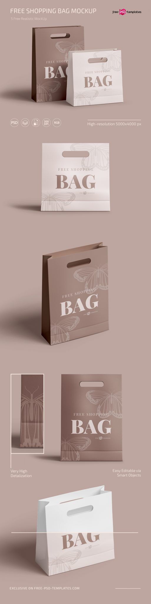 5 Paper Shopping Bag Mockups in Different Positions FREE PSD