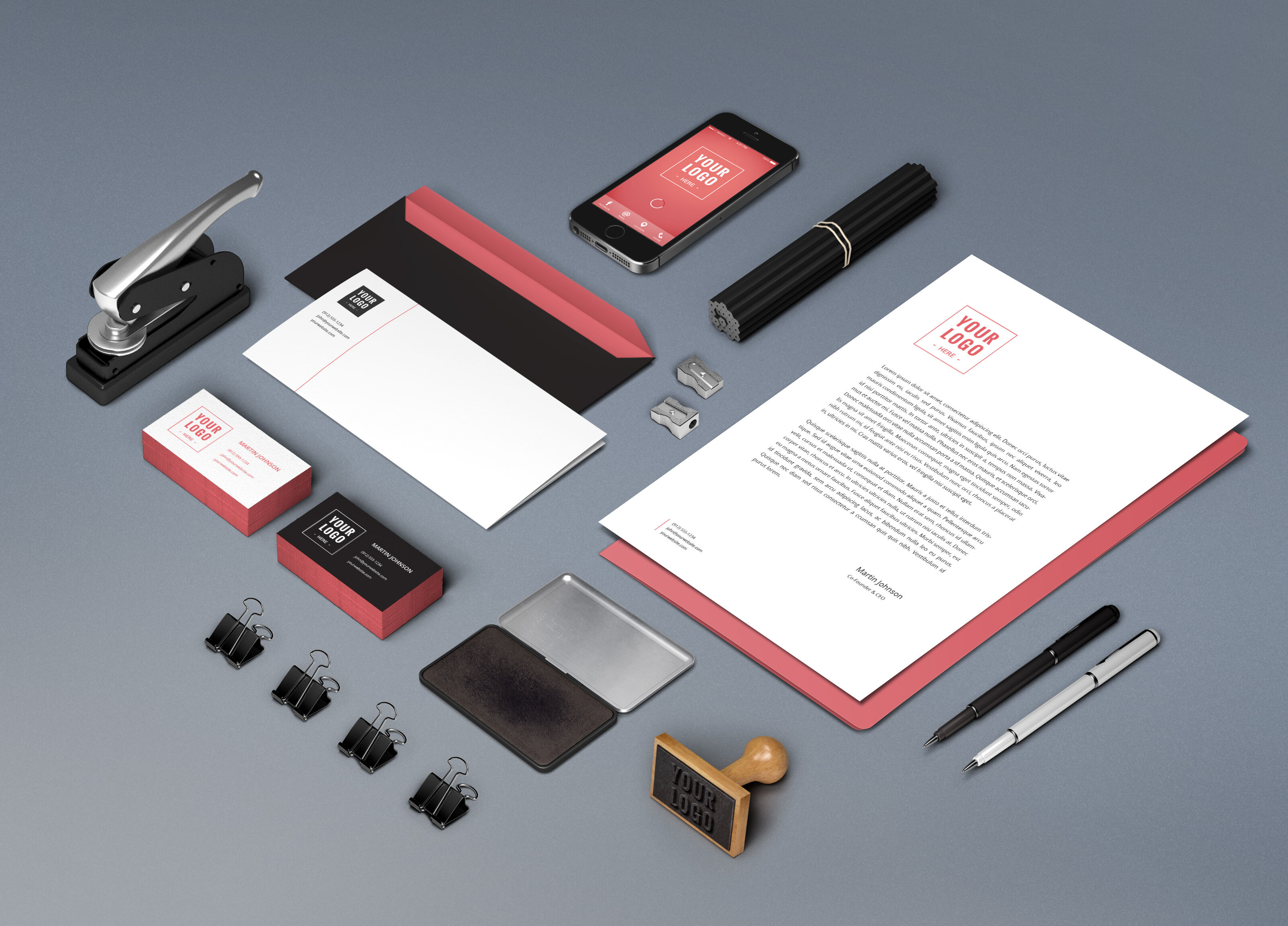 A Set Of Corporate Stationery Branding Items In Perspective Mockup 