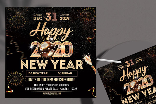 Black and Golden Happy New Year Square Flyer Template FREE PSD