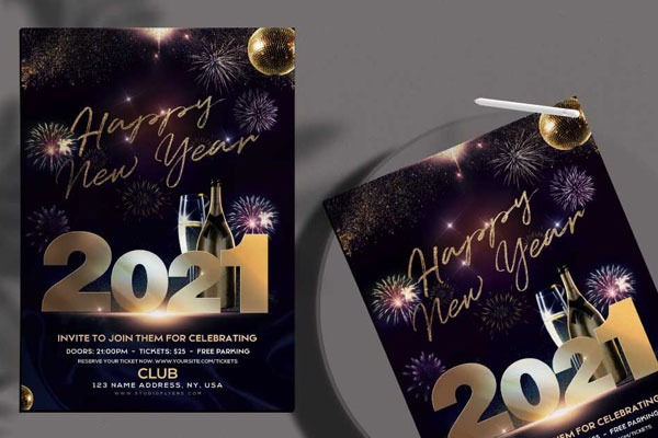 Black, Golden 3D Festive New Year's Eve Party Flyer Template FREE PSD