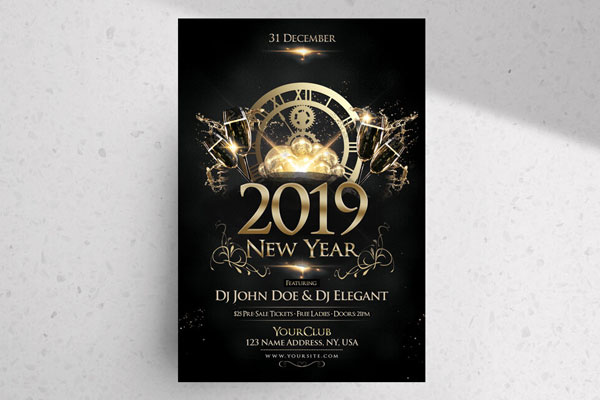 Black, Golden Classic New Year's Eve Party Flyer Template FREE PSD