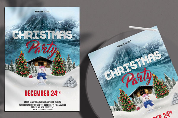 Blue, Snowy, Classic Christmas Eve Party Flyer Template FREE PSD
