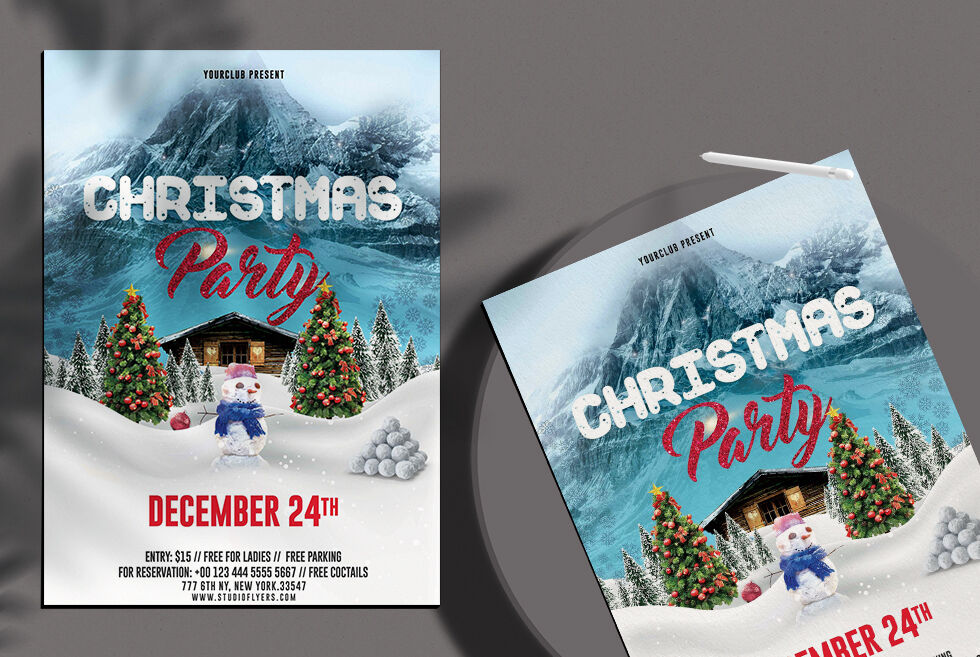 Blue, Snowy, Classic Christmas Eve Party Flyer Template FREE PSD