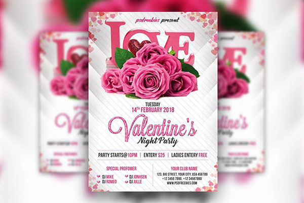 Border Floral Valentines Party Flyer Template FREE PSD