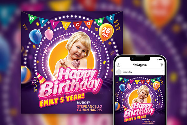 Colorful Kids Birthday Party Invitation Instagram Post Template
