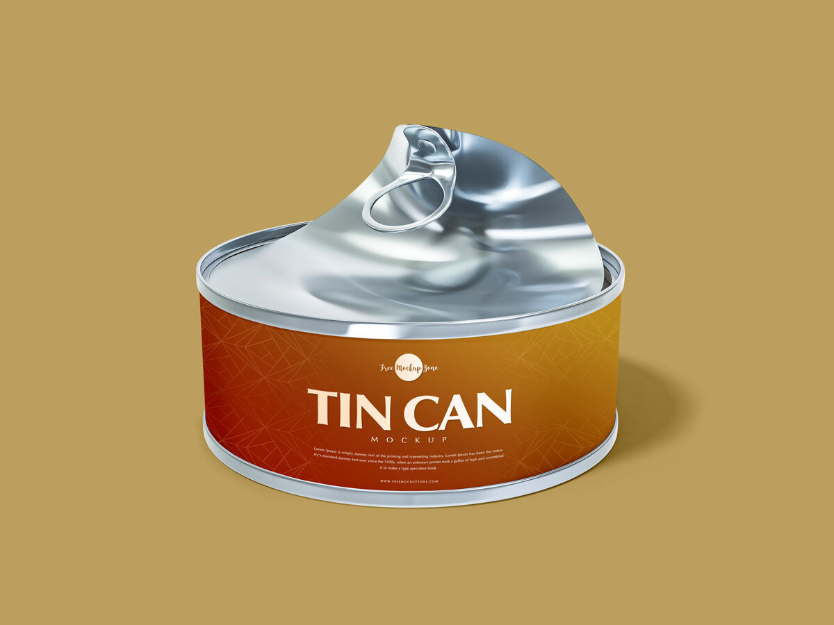 Easy-Open Tin Can Placed at the 3\4 Angle View Mockup FREE PSD