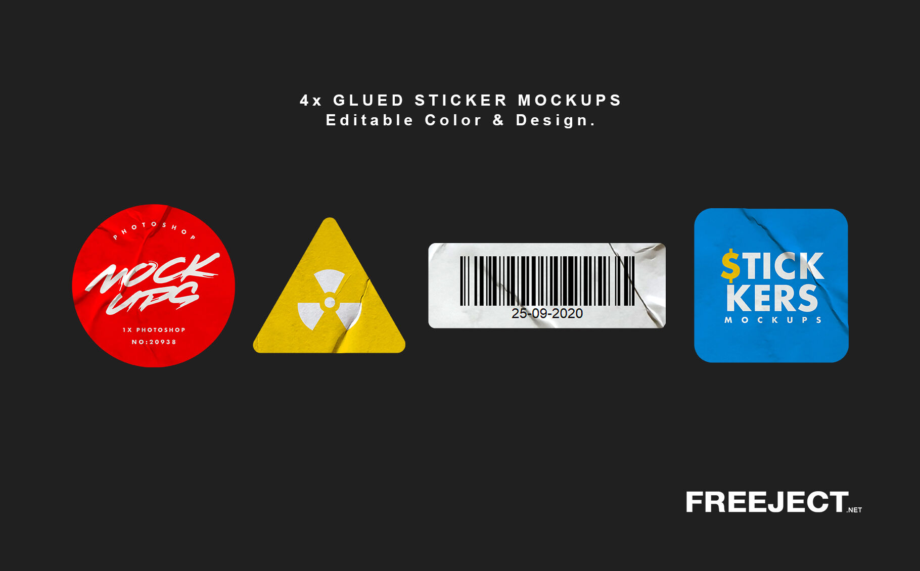 Four Glued Crumpled Stickers Mockups FREE PSD