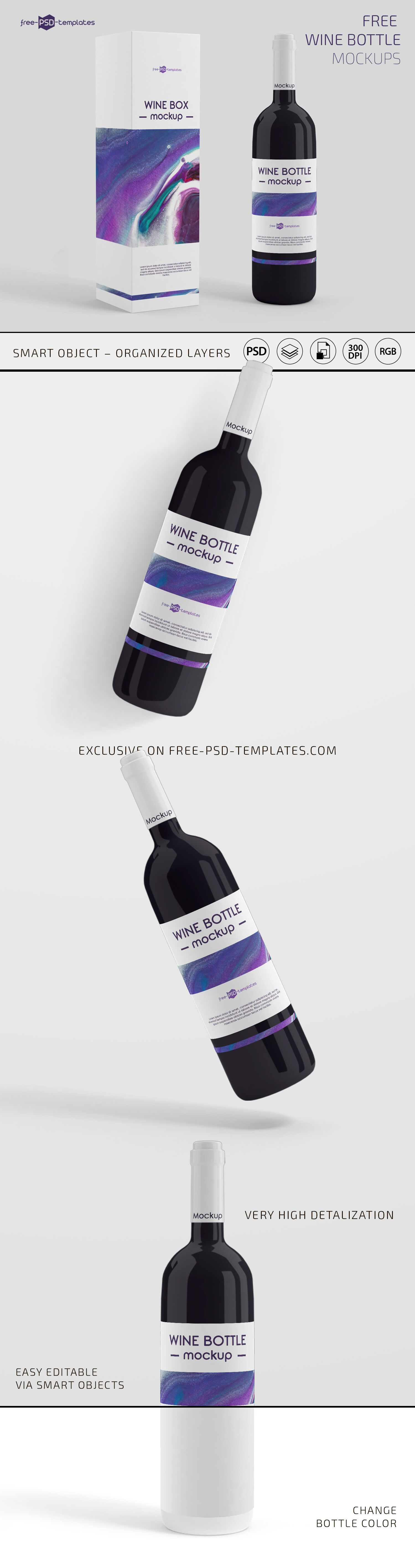 Four Mockups of Modern Wine Bottle Packaging FREE PSD