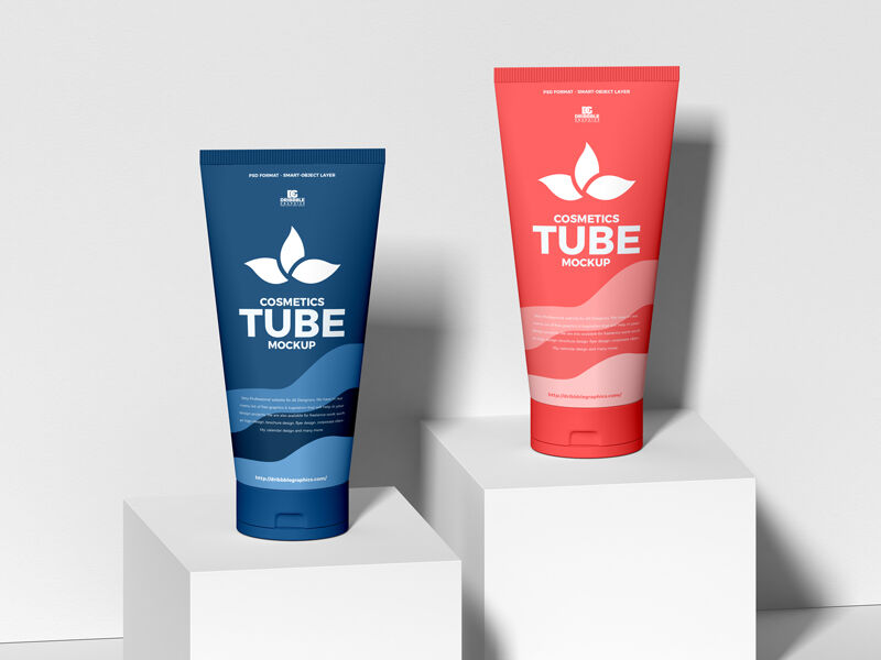 Front View 2 Cosmetic Tubes on 2 Cube Stands Mockup FREE PSD