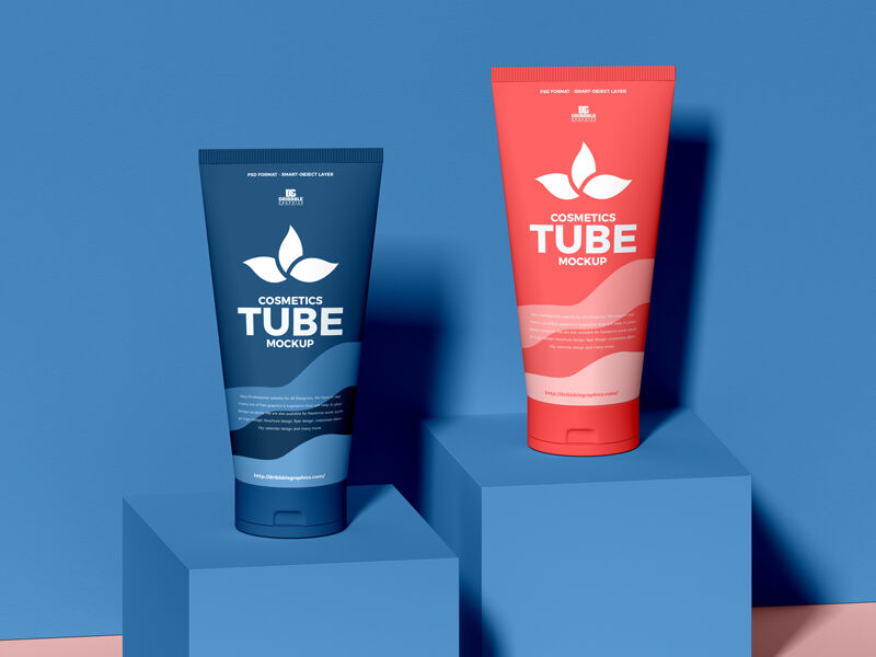 Front View 2 Cosmetic Tubes on 2 Cube Stands Mockup FREE PSD