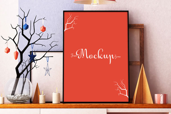 Front-View Mockup of a Vertical, Interior Photo Frame in Living Room FREE PSD