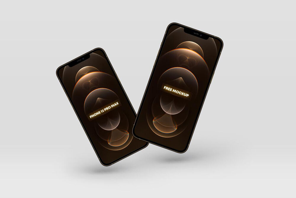 Front View of 2 Floating iPhone 12 Pro Max Gold Mockup FREE PSD