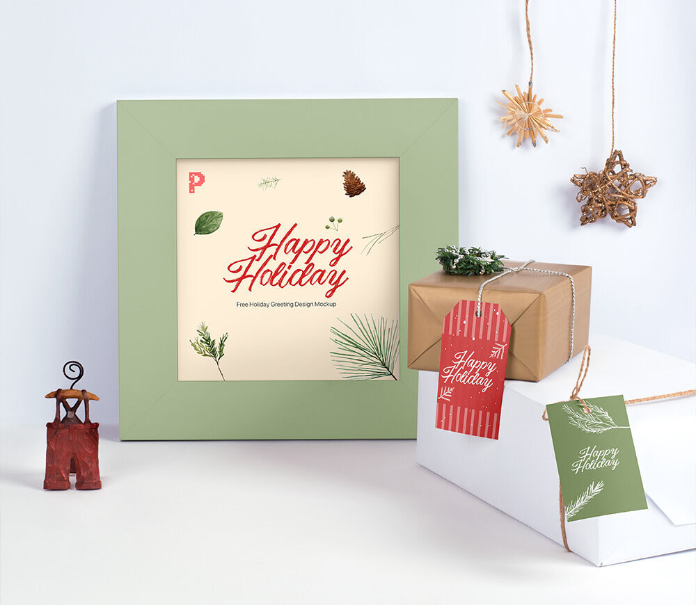 Front View of a Holiday Greeting Card and Label Tags Mockup FREE PSD