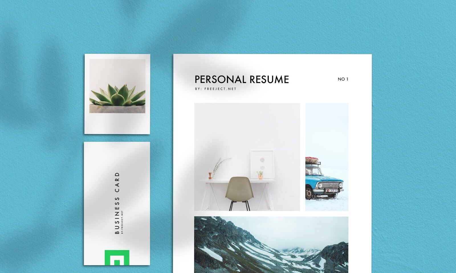 Front View of a Resume Print with Photo and Business Card Mockup FREE PSD