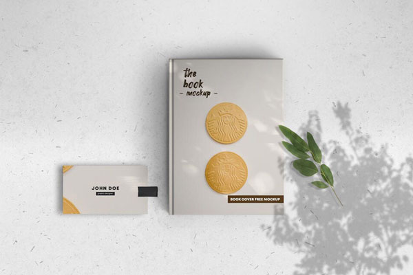 Hardcover Book Along with Business Card in Top View Mockup FREE PSD