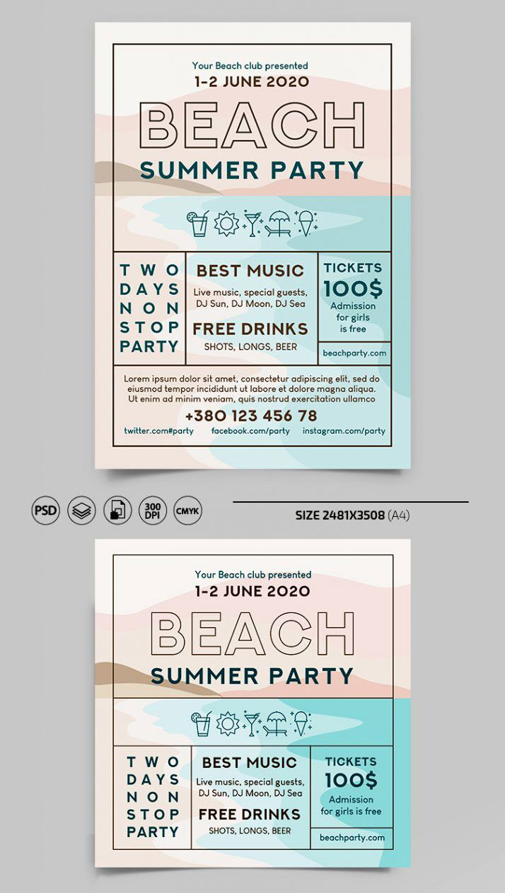 Illustrated, Flat Beach Party Flyer Along with Instagram Banner Templates FREE PSD