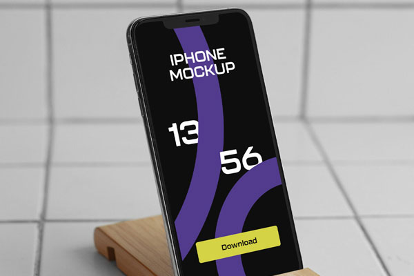 iPhone on Wooden Stand Mockup with Tiled Floor and Wall FREE PSD