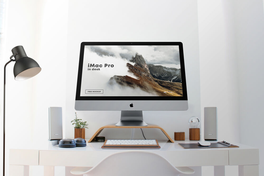 Low-Angle Shot of an iMac Pro on Desk Mockup Free Download | Resource Boy