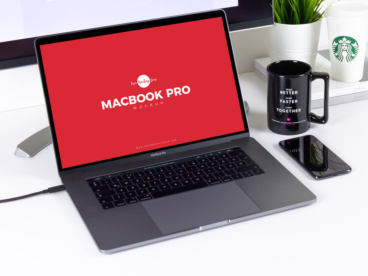 Macbook Pro with Cellphone Mockup in Workplace FREE PSD