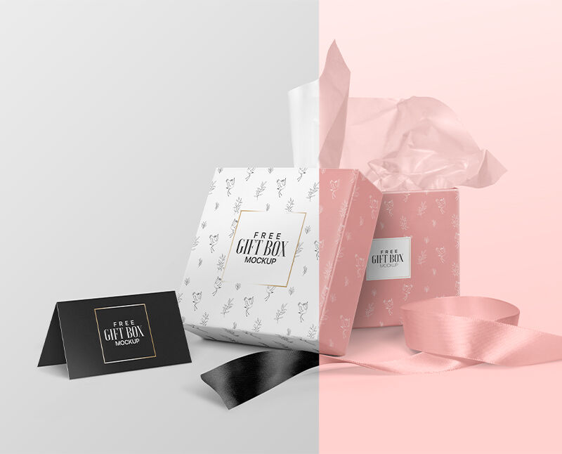 Mockup Featuring 2 Square Gift Boxes, Greeting Card, and Ribbon FREE PSD