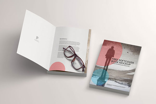 Mockup Featuring Two Open and Closed Softcover Books with Glasses FREE PSD