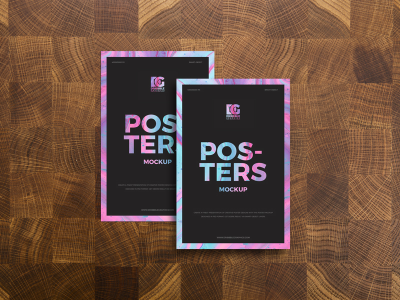 Mockup of 2 Top View Posters on Wooden Background FREE PSD