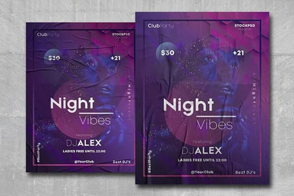 Nightclub Poster Template with Purple Sparkle Background FREE PSD