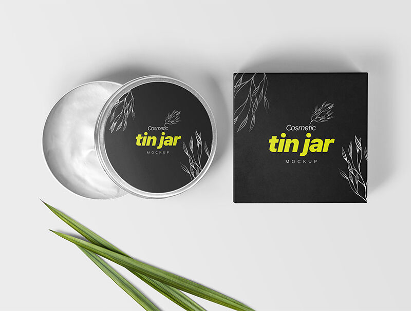 Open Cosmetic Tin Jar and Box Packaging Mockup with Leaves FREE PSD