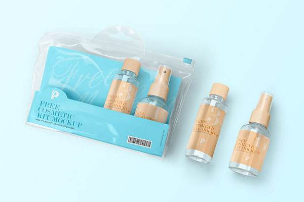 Perspective View Cosmetic Travel Bottles Kit on Floor Mockup FREE PSD