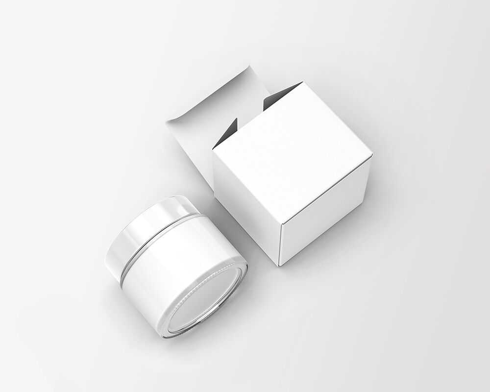 Perspective View of Cosmetic Glass Jar and Box Mockup FREE PSD