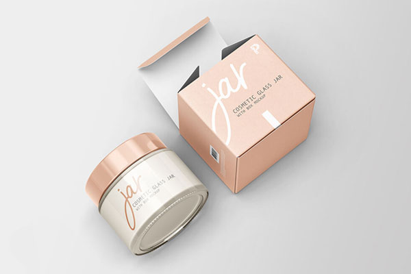 Perspective View of Cosmetic Glass Jar and Box Mockup FREE PSD
