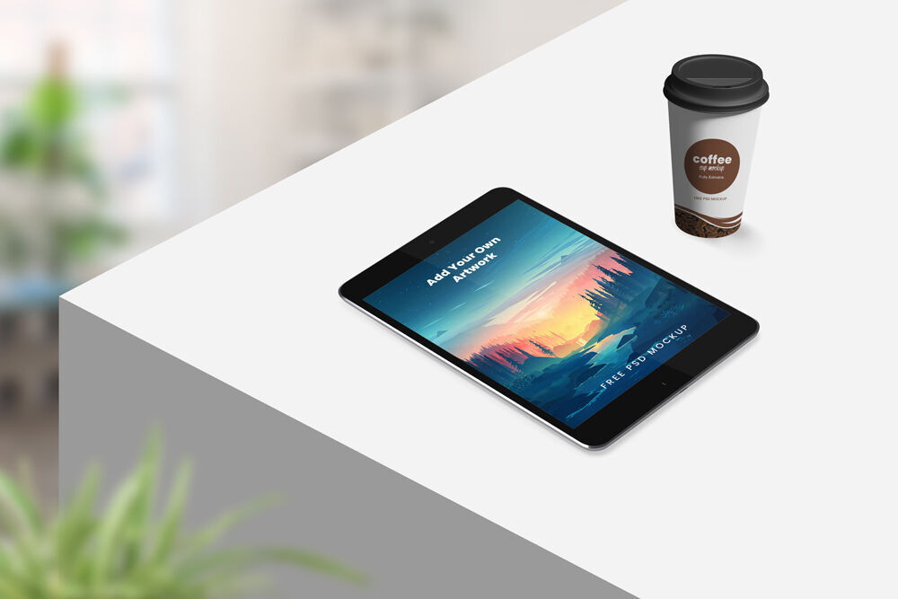 Perspective View Tablet on Table with Coffee Cup Mockup Free Download ...