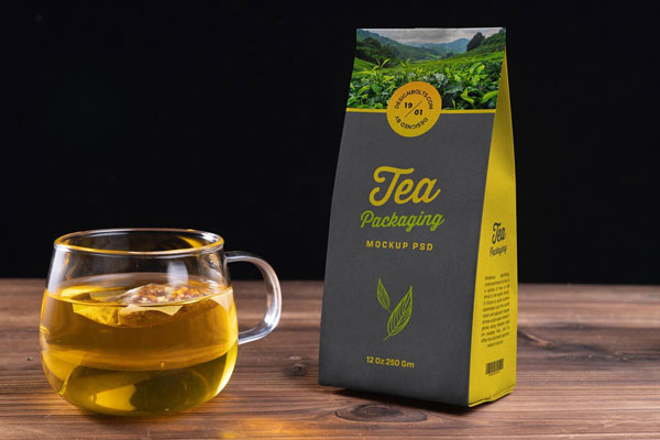 Perspective View Tea Pouch Packaging Mockup with a Glass FREE PSD